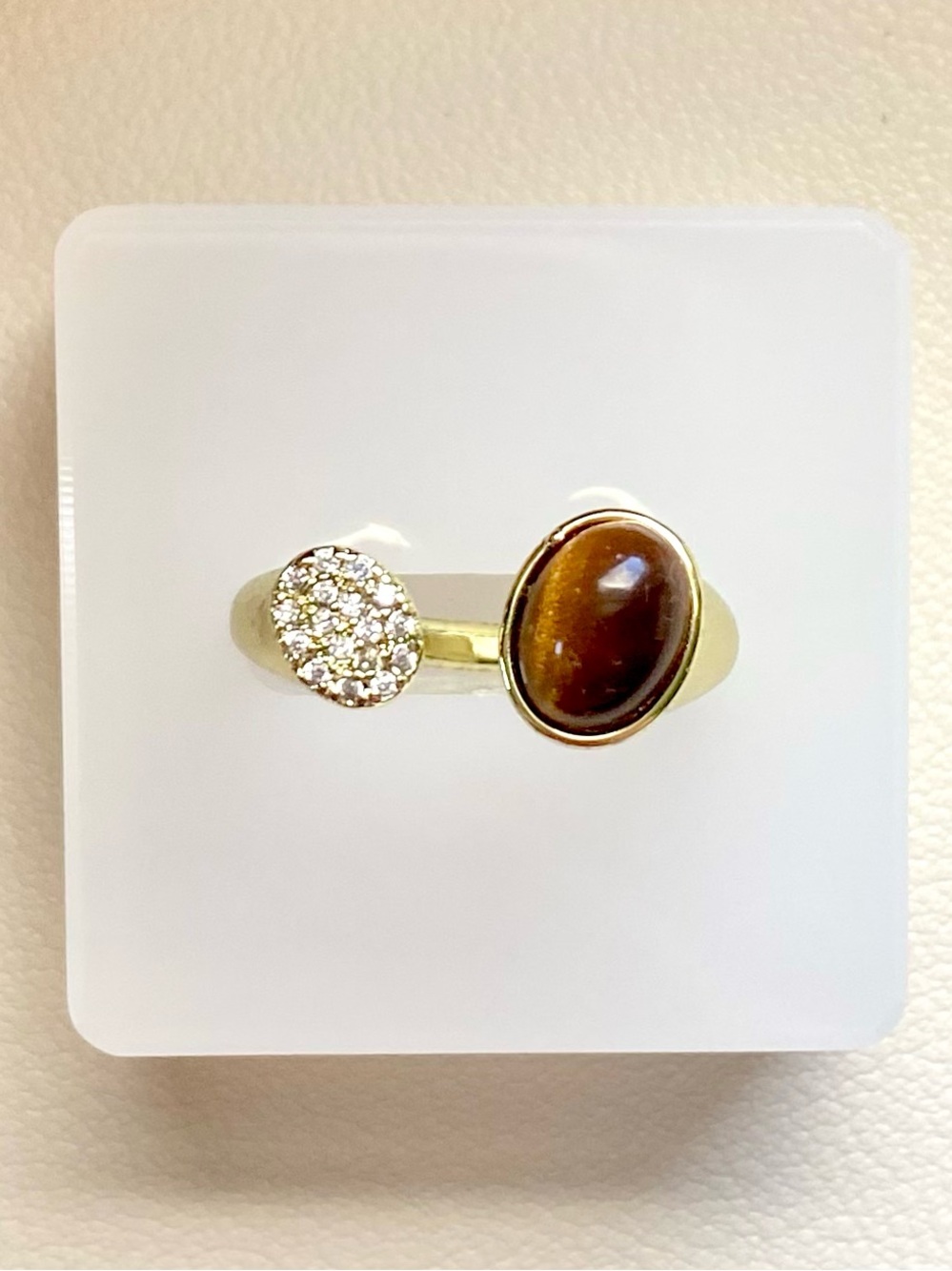 Gold Tiger's Eye and Pave Crystal Open Ring